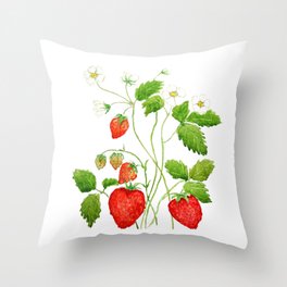 strawberry and strawberry flowers watercolor painting Throw Pillow