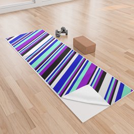[ Thumbnail: Vibrant Dark Violet, Aquamarine, Blue, White, and Black Colored Striped/Lined Pattern Yoga Towel ]