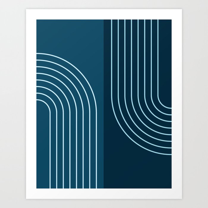 Abstract Geometric Rainbow Lines 5 in Midnight Blue Art Print