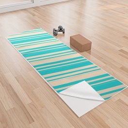 [ Thumbnail: Dark Turquoise and Bisque Colored Striped Pattern Yoga Towel ]