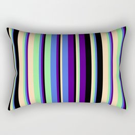 [ Thumbnail: Eye-catching Indigo, Royal Blue, Light Green, Tan & Black Colored Stripes Pattern Rectangular Pillow ]