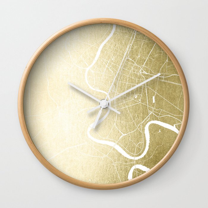 Bangkok Thailand Minimal Street Map - Gold Metallic and White Wall Clock
