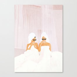 Morning with a friend Canvas Print | Drink, Digital, Towels, Spring, Women, Minimalist, Makeup, Sunglasses, Female, A 