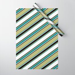 [ Thumbnail: Dark Khaki, Dark Cyan, White & Black Colored Lined/Striped Pattern Wrapping Paper ]