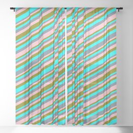 [ Thumbnail: Cyan, Slate Gray, Pink & Green Colored Lines Pattern Sheer Curtain ]
