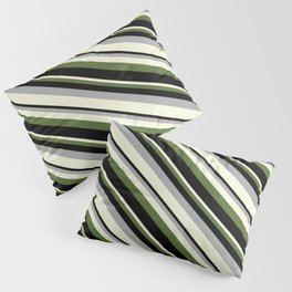 [ Thumbnail: Dark Grey, Beige, Dark Olive Green, and Black Colored Striped/Lined Pattern Pillow Sham ]