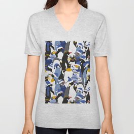 Merry penguins // black white grey dark teal yellow and coral type species of penguins electric blue dressed for winter and Christmas season (King, African, Emperor, Gentoo, Galápagos, Macaroni, Adèlie, Rockhopper, Yellow-eyed, Chinstrap) V Neck T Shirt