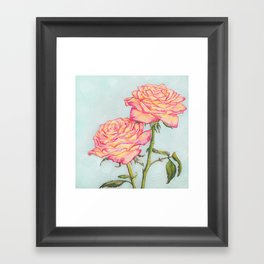 Pink and Blue Still Life Roses Framed Art Print