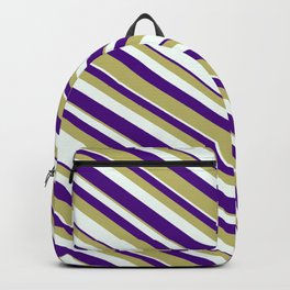 [ Thumbnail: Dark Khaki, Mint Cream, and Indigo Colored Striped/Lined Pattern Backpack ]