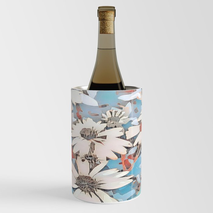 Abstract White Daisies Landscape on Sky Blue Wine Chiller