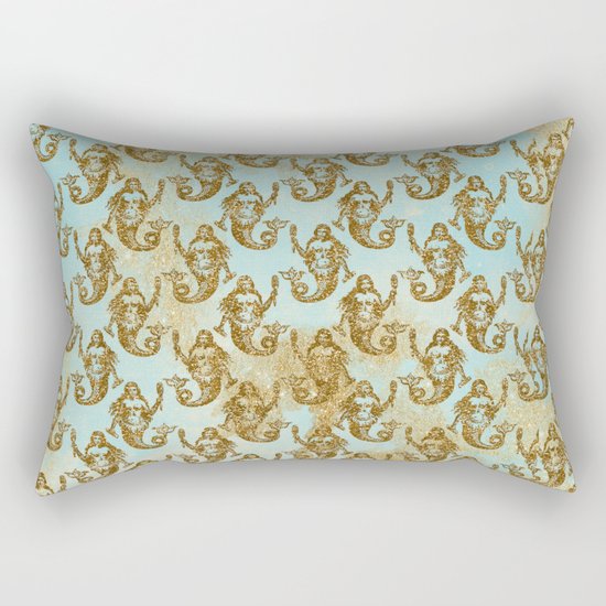 Mermaids- Mermaid Gold Glitter pattern on aqua background Rectangular Pillow