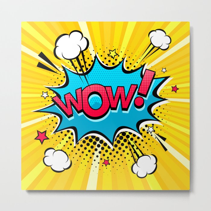Comic speech bubble with expression text Wow!, stars and clouds. bright dynamic cartoon illustration in retro pop art style on halftone background Metal Print