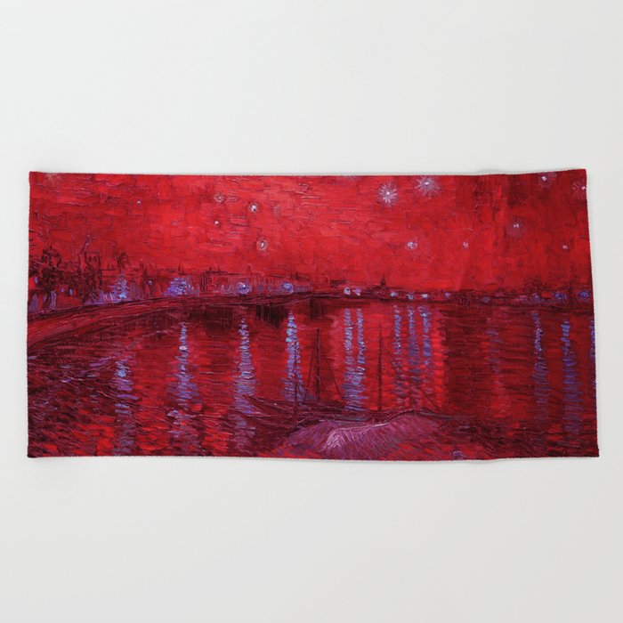 Starry Night Over the Rhone landscape painting by Vincent van Gogh in alternate crimson red with purple stars Beach Towel