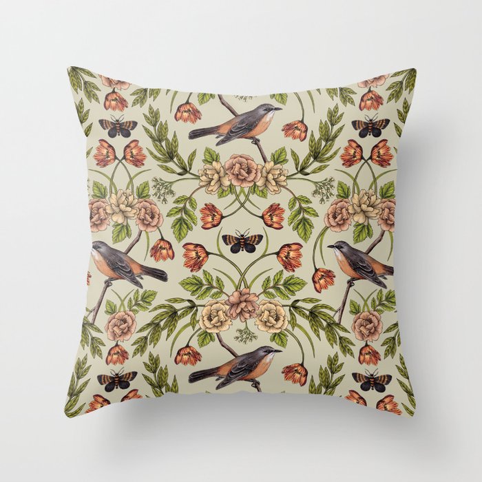 In The Garden - Nature Pattern w/ Birds, Flowers & Moths Throw Pillow