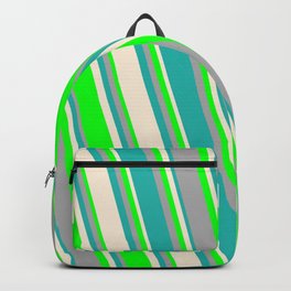 [ Thumbnail: Beige, Lime, Dark Gray, and Light Sea Green Colored Pattern of Stripes Backpack ]