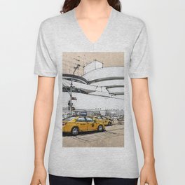 Guggenheim New York, umbrellas and yellow cabs. Sketch Unisex V-Neck