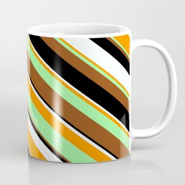 [ Thumbnail: Eyecatching Mint Cream, Dark Orange, Green, Brown, and Black Colored Lines/Stripes Pattern Coffee Mug ]