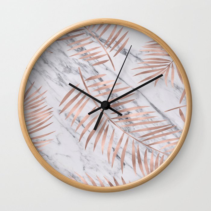 Rose gold palm fronds on marble Wall Clock