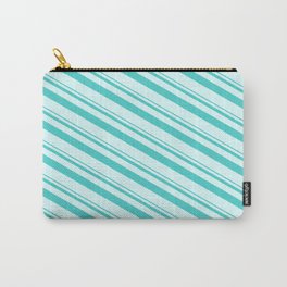 [ Thumbnail: Turquoise and Light Cyan Colored Lined/Striped Pattern Carry-All Pouch ]