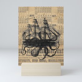 Octopus Kraken attacking Ship Antique Almanac Paper Mini Art Print