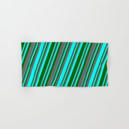 [ Thumbnail: Aqua, Dark Green & Dim Grey Colored Lines/Stripes Pattern Hand & Bath Towel ]
