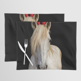 Christmas Lusitano horse, black background, cute and funny, red hat.  Placemat