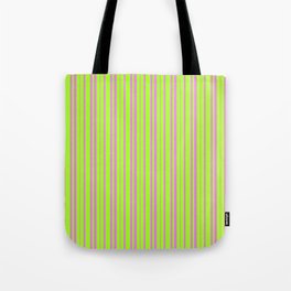 [ Thumbnail: Light Green & Violet Colored Pattern of Stripes Tote Bag ]