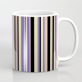 [ Thumbnail: Slate Blue, Pale Goldenrod, Black & Tan Colored Striped/Lined Pattern Coffee Mug ]
