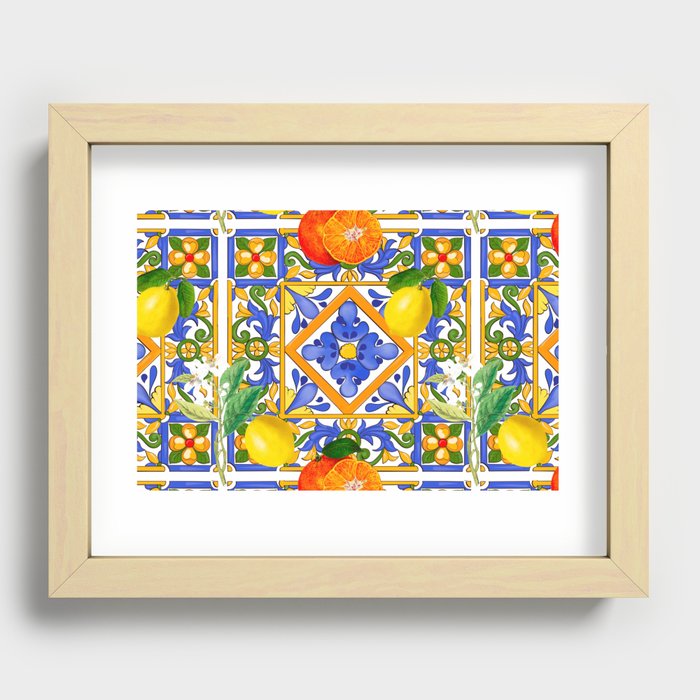 Summer ,Sicilian tiles ,citrus,oranges,majolica,lemons ,Mediterranean  Recessed Framed Print