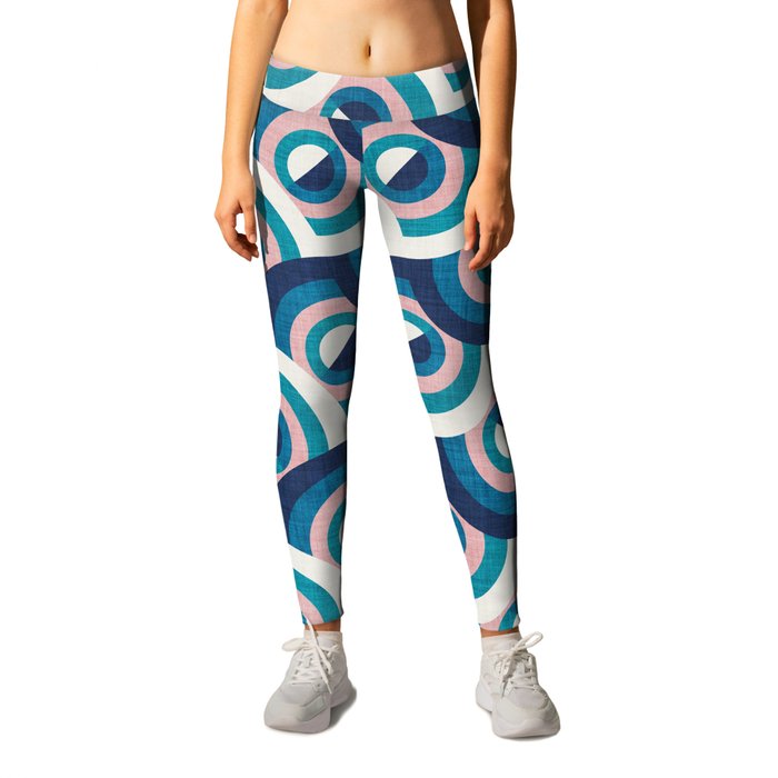 Here comes the sun // navy blue teal and blush pink 70s inspirational groovy geometric suns Leggings