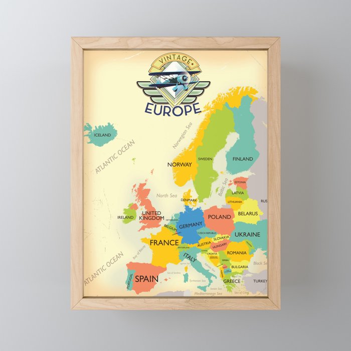 Retro Map Of Europe. Framed Mini Art Print