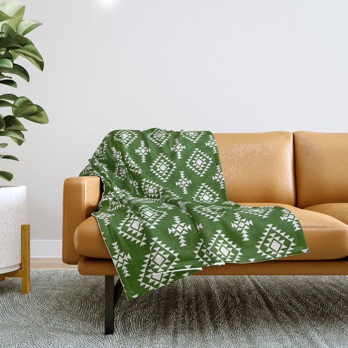 Green and White Native American Tribal Pattern Throw Blanket