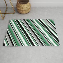[ Thumbnail: Dark Gray, Sea Green, Mint Cream, and Black Colored Stripes/Lines Pattern Rug ]