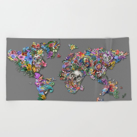 floral skull world map 1 Beach Towel