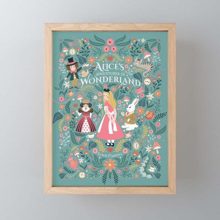 Alice in Wonderland - Pink Framed Mini Art Print | Graphic-design, Alice, Wonderland, Tea, Illustration, Digital, Pattern, Queen-of-heart, Mad-hatter, Cat