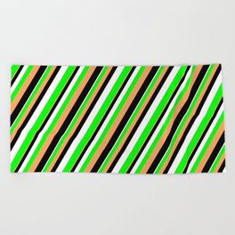 [ Thumbnail: Brown, Black, White & Lime Colored Lined/Striped Pattern Beach Towel ]