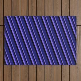 [ Thumbnail: Medium Slate Blue, Black, and Midnight Blue Colored Stripes Pattern Outdoor Rug ]