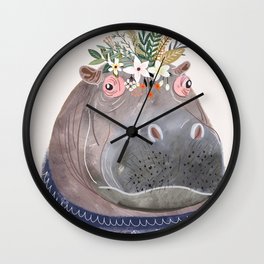 Hippo with flowers on head Wall Clock