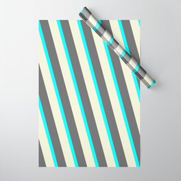 [ Thumbnail: Cyan, Beige & Dim Grey Colored Lines Pattern Wrapping Paper ]