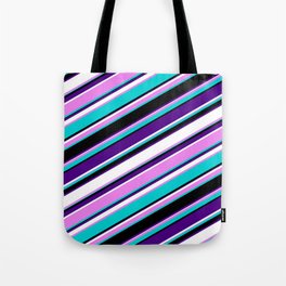 [ Thumbnail: Eyecatching Violet, Dark Turquoise, Black, Indigo & White Colored Lines/Stripes Pattern Tote Bag ]
