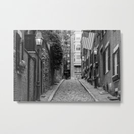 Colonial Boston cobblestone Acorn Street on Beacon Hill with original Betsy Ross flag tha thangs over the facade of colonial house black and white photograph Metal Print | Photo, Faneuilhall, Black And White, Harvard, Cobblestone, Beaconhill, And, Boston, Photograph, Betsyross 