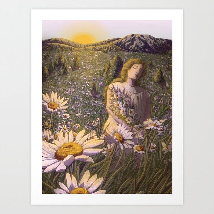 The Sun Rises and I Gather Blooms Colour Version Art Print