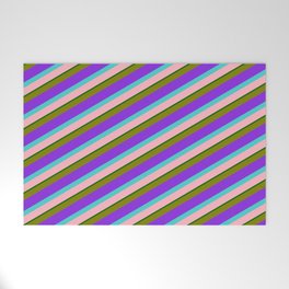 [ Thumbnail: Colorful Green, Purple, Turquoise, Light Pink, and Dark Green Colored Lined/Striped Pattern Welcome Mat ]