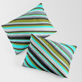 [ Thumbnail: Colorful Black, Green, Aqua, Light Gray, and Slate Gray Colored Stripes/Lines Pattern Pillow Sham ]