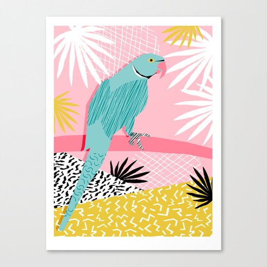 Doin' It - blue india ringneck parrot bird art wacka design animal nature retro throwback neon 1980s Canvas Print
