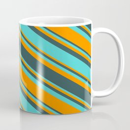 [ Thumbnail: Turquoise, Dark Orange & Dark Slate Gray Colored Pattern of Stripes Coffee Mug ]