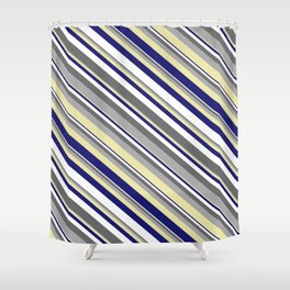 [ Thumbnail: Vibrant Dim Grey, Dark Gray, Pale Goldenrod, Midnight Blue, and White Colored Lined Pattern Shower Curtain ]