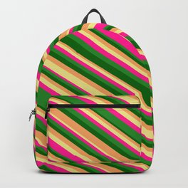 [ Thumbnail: Dark Green, Brown, Tan, Deep Pink, and Forest Green Colored Lines/Stripes Pattern Backpack ]