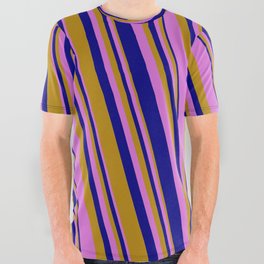 [ Thumbnail: Dark Goldenrod, Orchid, and Blue Colored Striped/Lined Pattern All Over Graphic Tee ]