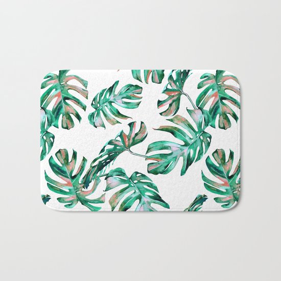 Green Coral Palm Leaves Bath Mat